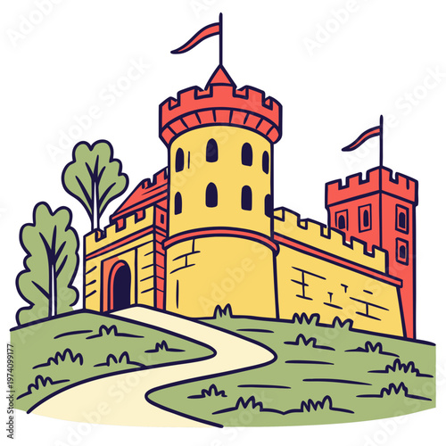 Grand medieval fortress with large central stone tower red battlements and flags on a grassy landscape with trees and curved entrance path vector.