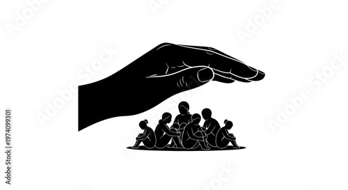 Black silhouette icon of a large hand protecting a group of people.