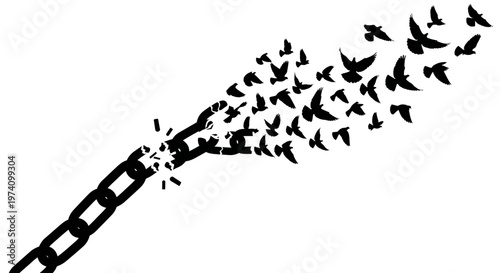 Broken iron chain links transforming into a flock of flying birds.