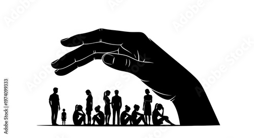 A giant hand protecting a group of diverse people in a symbolic gesture of care and support.