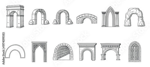 Various hand drawn archway and bridge sketches showcasing different architectural styles and designs for historical or fantasy themed graphic projects and educational materials