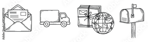 Hand drawn outline depicting an open envelope with letter, a commercial delivery truck, global package shipping with world, and a traditional mailbox for postal service and logistics themed