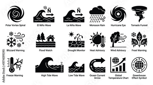 Comprehensive collection of weather and climate icons illustrating natural phenomena, environmental warnings, and global change concepts for educational resources and meteorological
