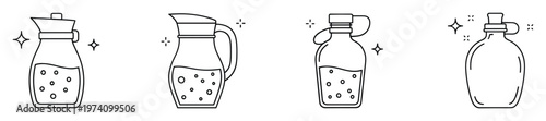 Line drawing collection of various pitchers and bottles with sparkling liquid, perfect for kitchen product designs, beverage advertisements, or foodrelated website graphics.