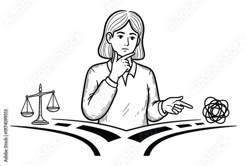 Pensive individual at a crucial crossroads, pondering a clear path of justice and ethical choices versus a tangled, complex route of uncertainty, perfect for decisionmaking concepts.