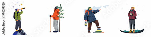 Flat Illustration Set of People Enjoying Winter Outdoor Activities like Hiking, Stargazing, and Exploring the Nature in Snowy Night.