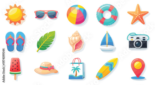 Set of colorful summer vacation elements including sun and sunglasses and beach ball and flip flops. Tropical holiday icons for travel tourism and sea resort activities in flat cartoon style.
