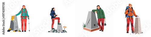Set of diverse female hikers celebrating reaching mountain peaks, standing next to summit markers and monuments in flat vector style.