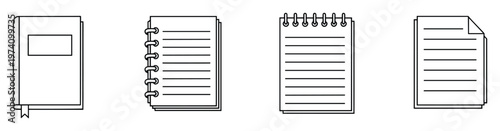 Collection of outline style notebook and paper icons providing essential stationery visuals for educational, office, or planning related digital applications and print materials