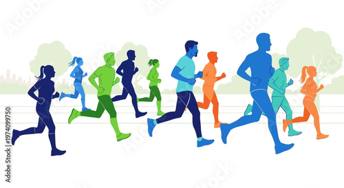 Group of people running together fast.