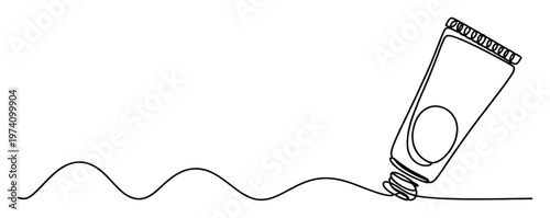 Continuous line drawing of a paint tube creating a flowing wavy black line, perfect for creative and artistic projects or to represent fluidity and innovation in product packaging.