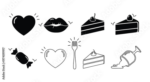 Black and white illustration of sweets hearts lips and dessert items