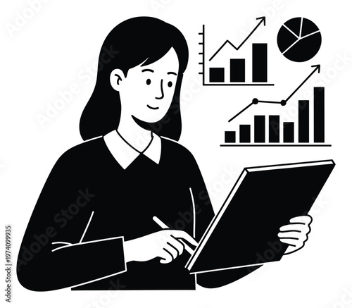 Woman analyzing business data with charts and graphs, perfect for illustrating financial reports, statistical analysis, and corporate presentations