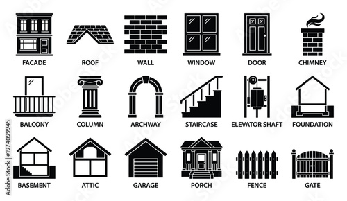 Comprehensive black and white icon set featuring essential building parts like facade, roof, window, door, and foundation, perfect for architecture, construction, and real estate projects.
