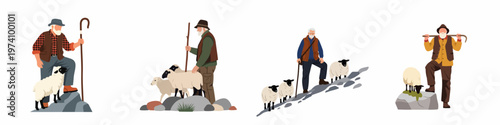 Set of flat illustrations of elderly male shepherds with their sheep in a rocky mountain landscape, isolated on a white background.