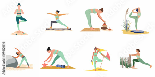 Collection of illustrations showing women practicing various yoga poses in outdoor beach and nature settings for wellness and fitness.