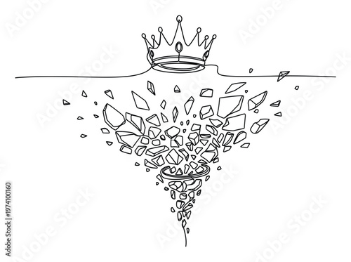 Minimalist continuous line drawing of a royal crown perched above an explosion of geometric shattering shards, symbolizing broken power or downfall, perfect for abstract projects or visual