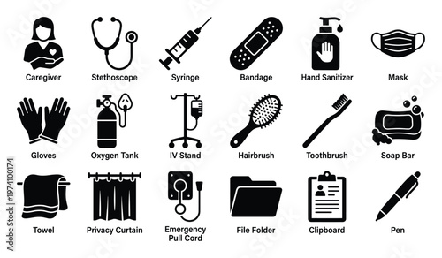 Comprehensive collection of essential healthcare and personal hygiene icons for medical presentations, hospital applications, and healthrelated informational graphics