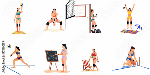 Set of Female Beach Volleyball Players in Various Actions and Scenes on a Sandy Beach Flat Vector Illustration