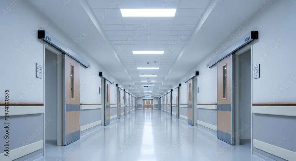Obraz premium Clean modern hospital hallway with automatic sliding doors