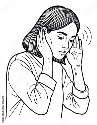 Asian young woman holding hands to her ears intently listening or bothered by external sound suitable for topics on focus, noise pollution, stress, ear pain, or auditory awareness.