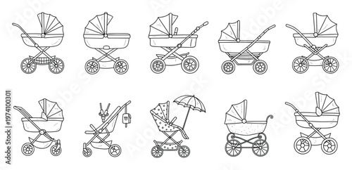 Ten handdrawn line sketches of various baby carriages and infant prams perfect for early childhood education materials or nursery decor projects