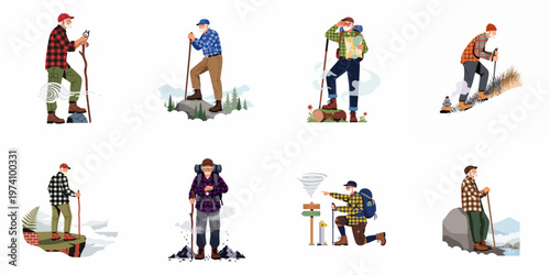 Set of eight illustrations featuring an active senior man hiking and exploring nature with a backpack, map, and trekking gear.