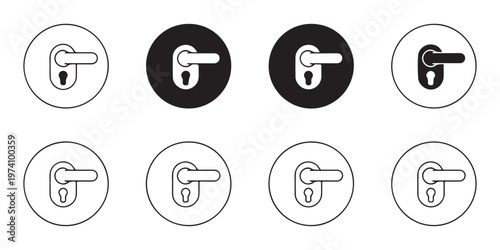 Black and white doorknob icons collection, handle with keyhole in circles vector set.