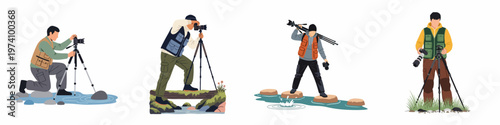 Flat vector illustrations of male landscape and nature photographers with professional camera gear and tripods in various scenic outdoor environments.