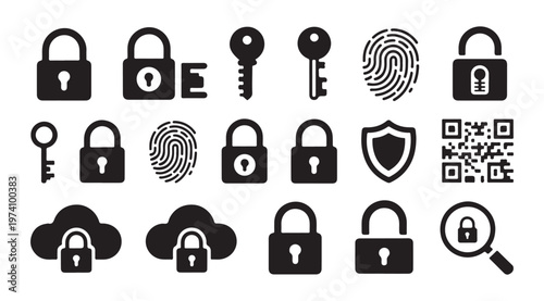 Comprehensive collection of black silhouette security icons including padlocks keys fingerprints and code.