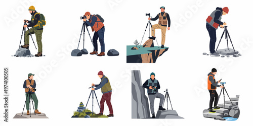Vector Illustration Set of Professional Landscape Photographers with Tripods and Cameras Capturing Nature in Diverse Outdoor Terrain