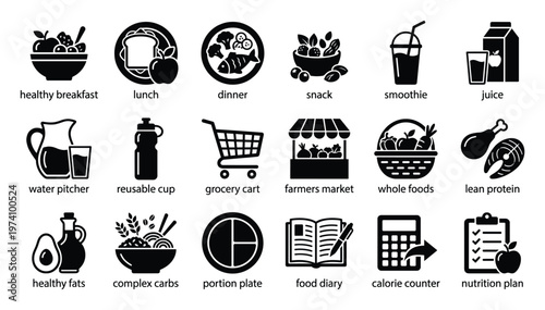 Comprehensive collection of healthy eating and nutrition planning glyph icons depicting meals beverages food groups and diet tracking tools ideal for health applications and wellness content