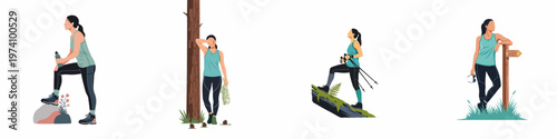 Set of flat vector illustrations of a woman hiking, trekking, and exploring nature in various poses against a white background.