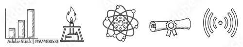 Hand drawn science and education icons featuring bar graph, Bunsen burner, atom model, diploma, and wireless signal useful for academic presentations and research materials