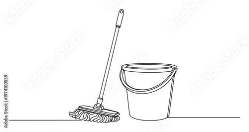 Continuous line drawing of a mop and bucket symbolizing home cleaning and routine maintenance, suitable for domestic life blogs, cleaning service advertisements, or educational content.