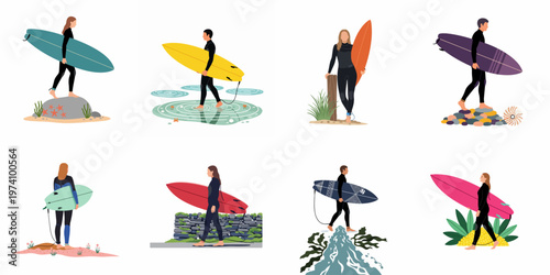 Collection of flat vector illustrations featuring diverse male and female surfers in wetsuits carrying colorful surfboards along scenic coastal settings.