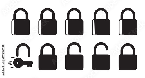 Padlock icons with key and locked unlocked states, secure and open lock vector set.