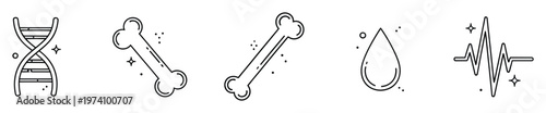Comprehensive collection of line icons representing essential biological and medical concepts including DNA, skeletal structure, vital fluids, and life signals for health and science