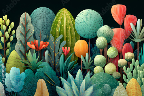 Colorful plants and trees arranged in a vibrant landscape with various shapes and sizes during daylight