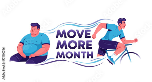 A vector illustration promoting Move More Month shows a before-and-after transformation, with a sedentary figure becoming an active cyclist, set against a clean white background