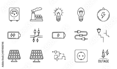 set of icons Electricity Service Thin Line Icon Vector Set with Energy, Power, and Electrical Symbols
