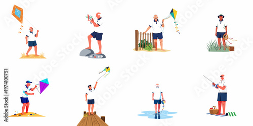 Set of Illustrations Featuring Elderly Men Enjoying Outdoor Hobbies Such as Kite Flying and Fishing in Coastal Settings