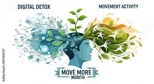 Conceptual vector for Move More Month showcasing a head silhouette with digital detox icons on one side and active figures with foliage on the other, set against a clean white background