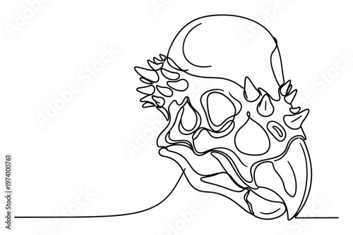 Minimalist single line drawing of a Pachycephalosaurus dinosaur skull featuring distinctive bony dome and spikes for ancient history paleontological educational content and natural science
