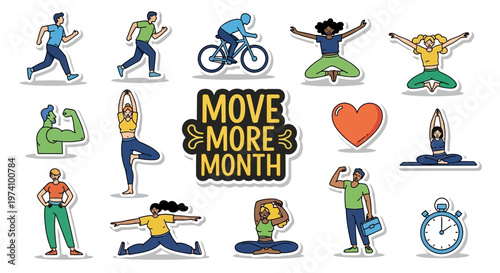 A flat lay of stickers promoting Move More Month, showcasing diverse individuals engaging in various exercises like running, cycling, yoga, and weightlifting, set against a clean white