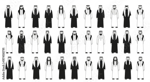 Diverse depictions of traditional Arab attire and cultural representation.