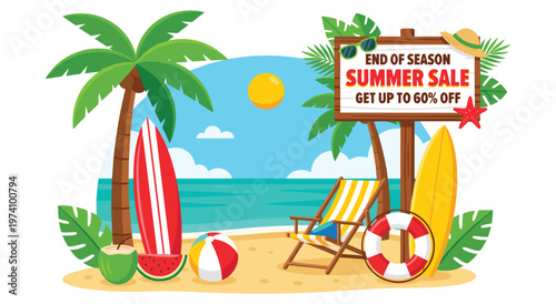 Tropical beach with bright sun and palm trees, surfboards, beach chair, beach ball, and cooling coconut drink with text summer sale, end of season. Get up to 60 percent off. Vector illustration.