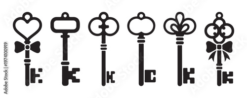 Elegant antique keys with ornate handles and bow details, vintage and decorative designs.