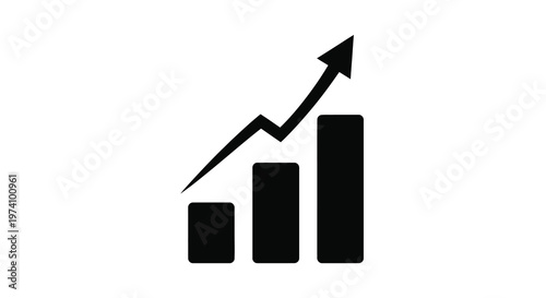 Simple black and white graphic depicting a rising bar chart with an upward trend