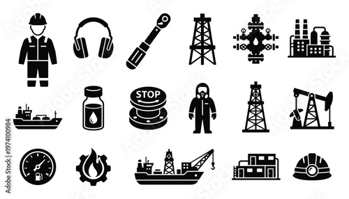 A comprehensive collection of industrial icons representing the oil and gas industry, energy production, and workplace safety equipment for various business and educational applications
